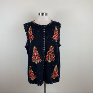 Lisa International Black Red Gold Holiday Christmas Tree Knit Vest Women